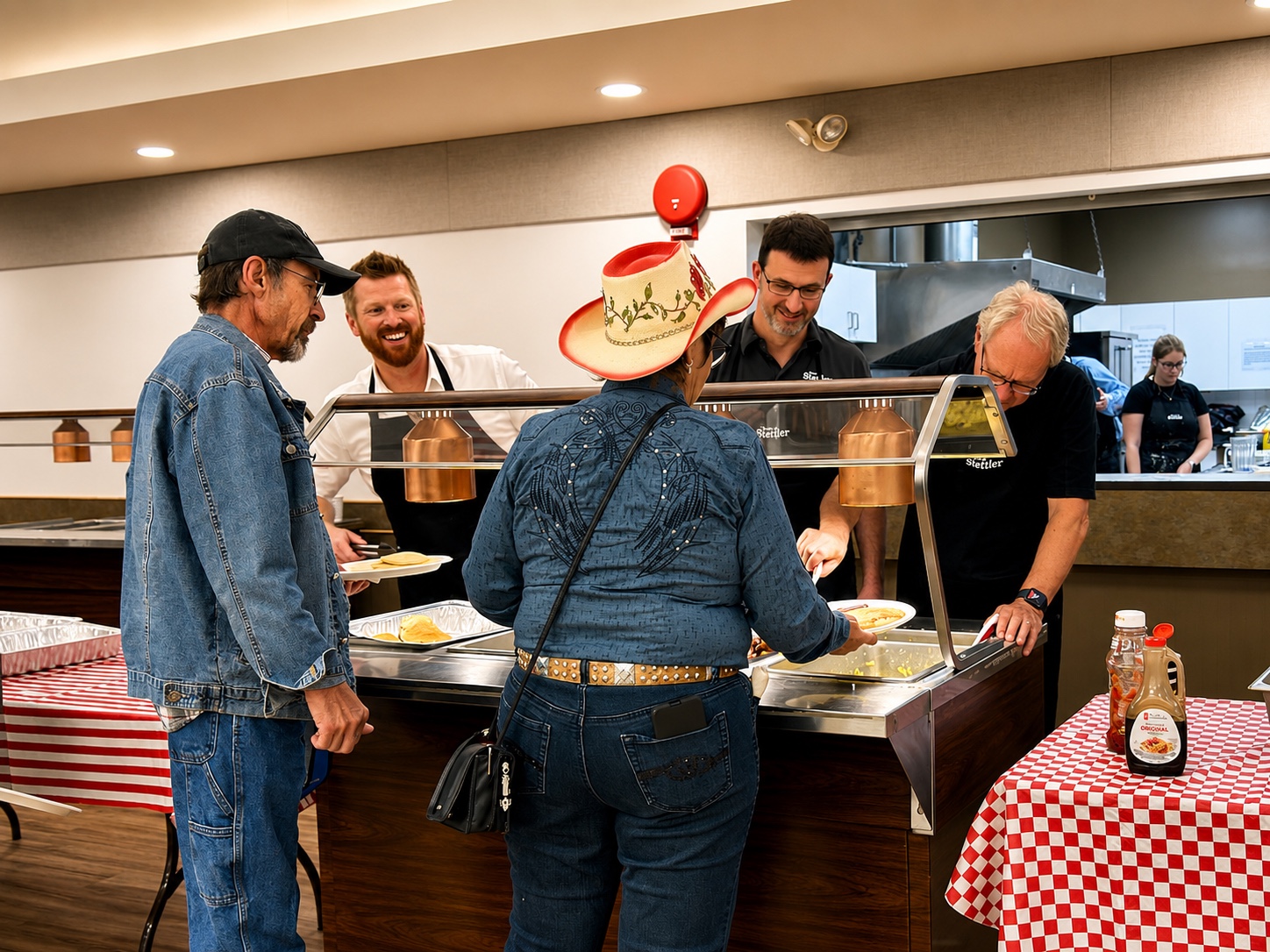 Dusty Myshrall serving residents at a community breakfast