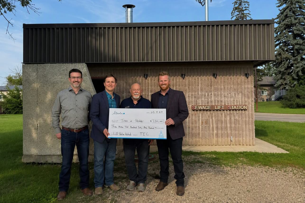 Dusty Myshrall and community leaders marking provincial funding for Stettler infrastructure